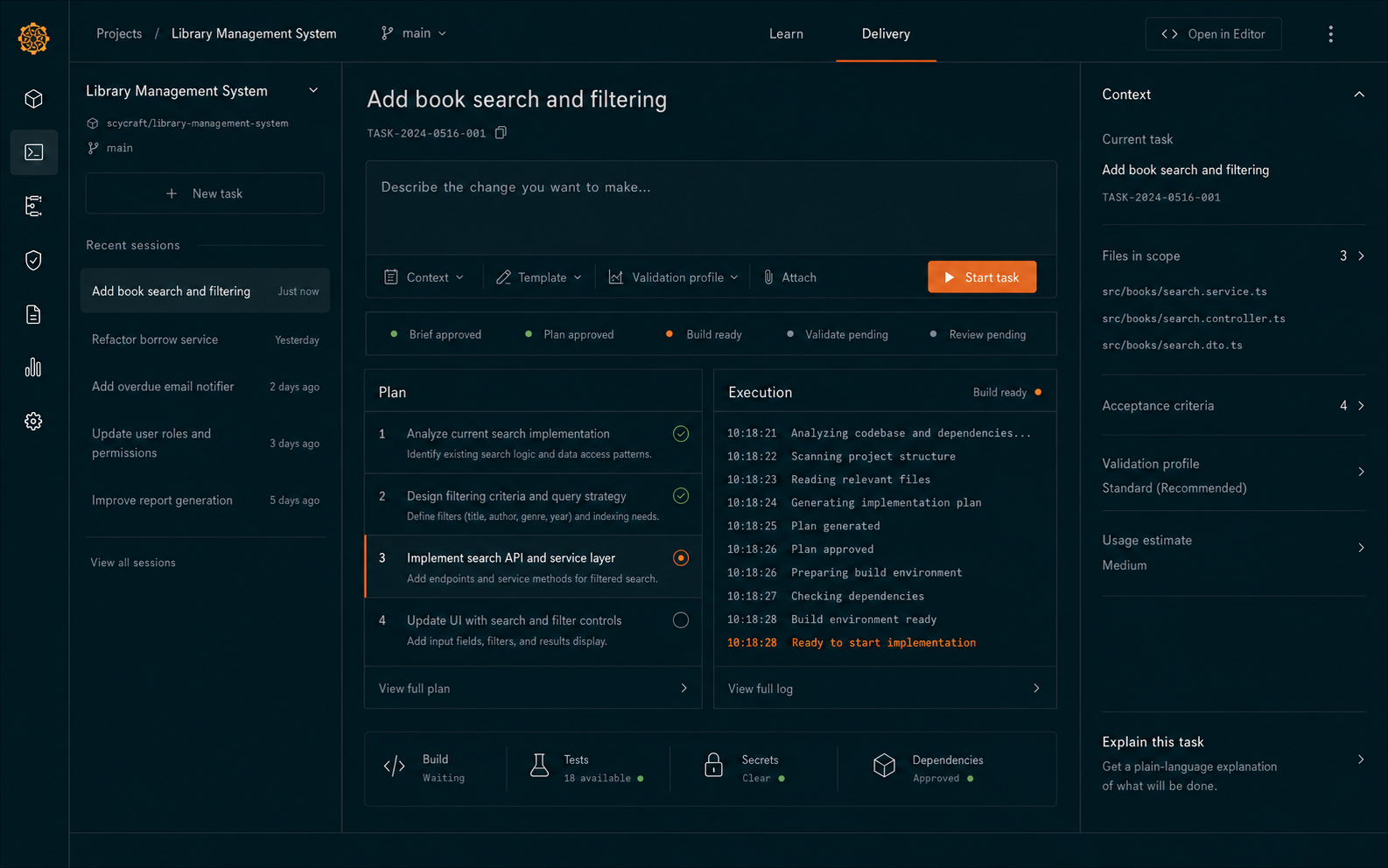 Scycraft delivery workspace showing an example task 'Add book search and filtering' with its generated plan, a live execution log, and the task context panel.